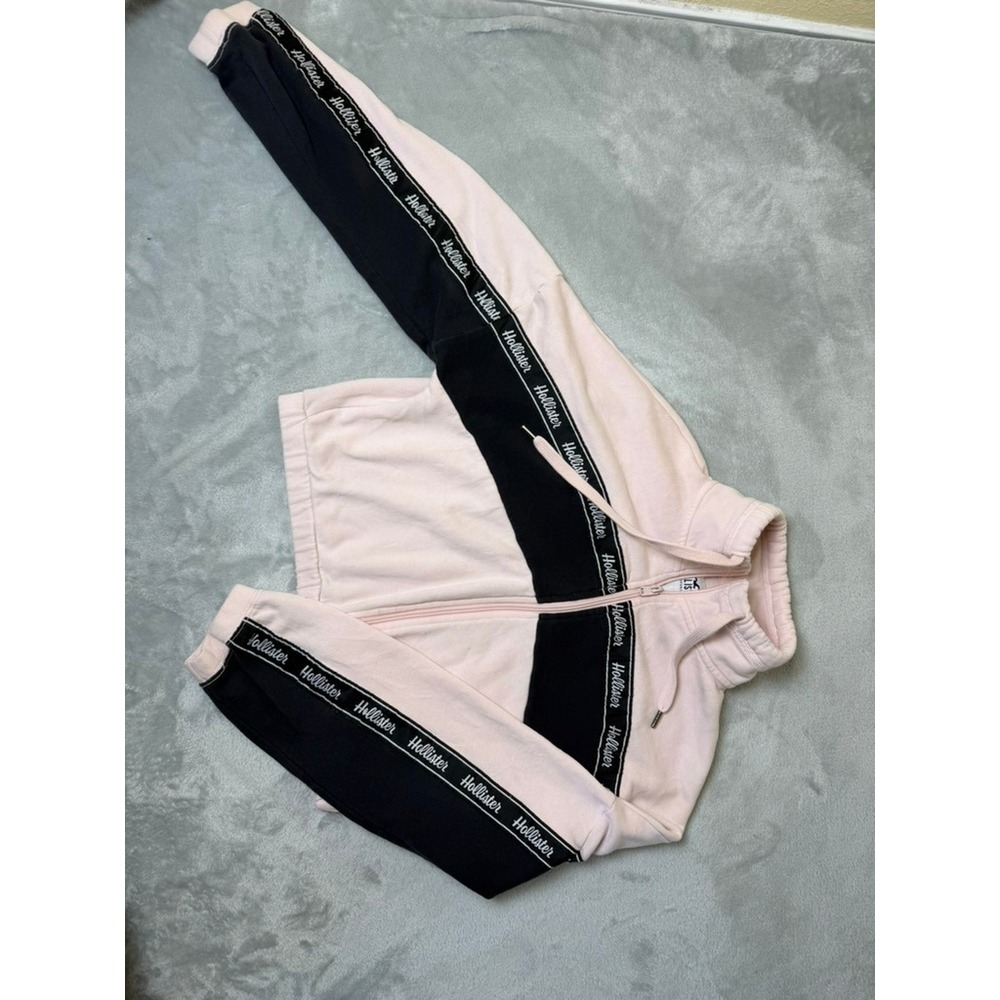 Hollister Women Small Pink Colorblock Logo Tape Cropped‎ Full Zip Hoodie Y2K